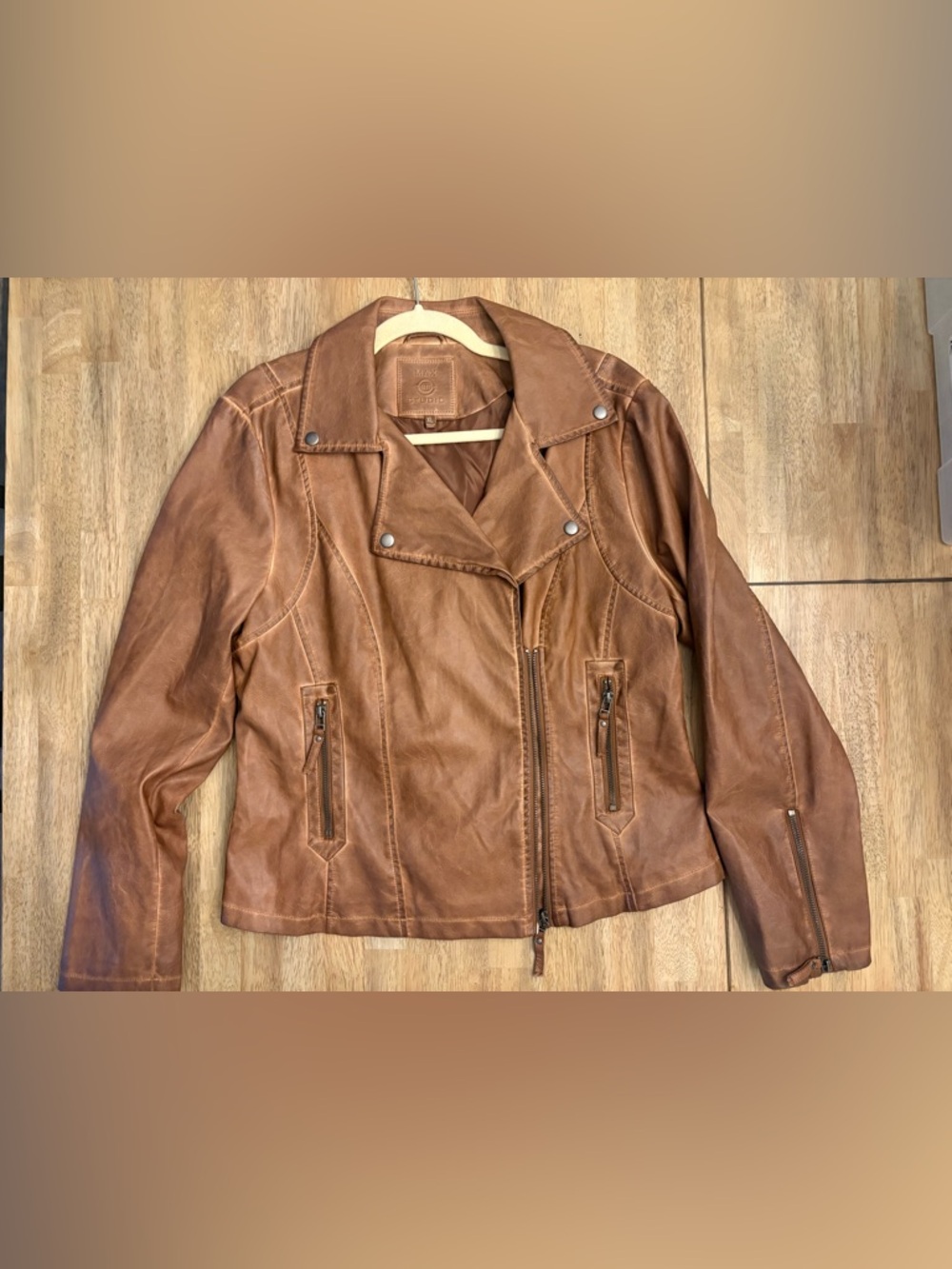 Max Studio Cognac Brown Leather Moto Jacket